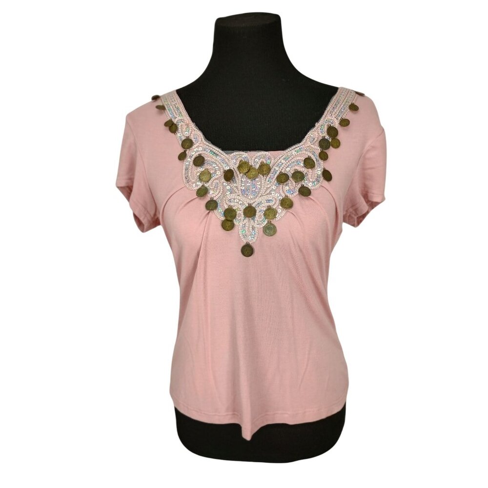 Pink Roommates Embellished Short Sleeve Top With Coin Detail Size XL